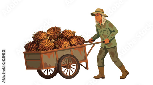 Farmer pushing wheelbarrow full of harvested oil palm fruit bunches. EPS Editable. Vector Illustrations.