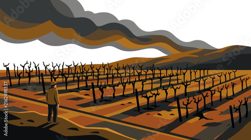 Farmer standing in a barren vineyard under a dark stormy sky. EPS Editable. Vector Illustrations.