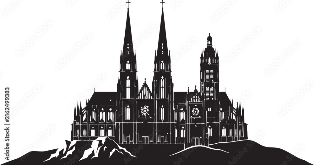 Fototapeta premium Gothic cathedral silhouette featuring two tall spires and intricate architectural details set against a solid white background for artistic projects