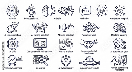 AI and Artificial Intelligence Hand Drawn Doodle Icon Set .Generative AI