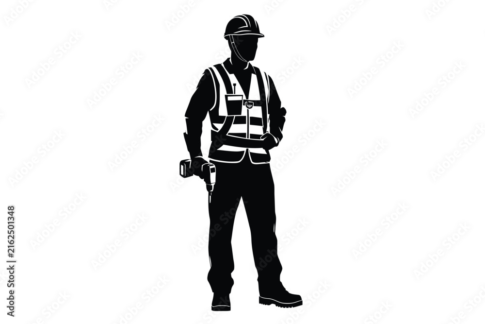 Obraz premium Construction worker silhouette stands against a white background full body depiction