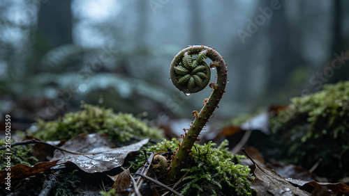 Involute fern fiddlehead in forest moss, growth and nature renewal concept