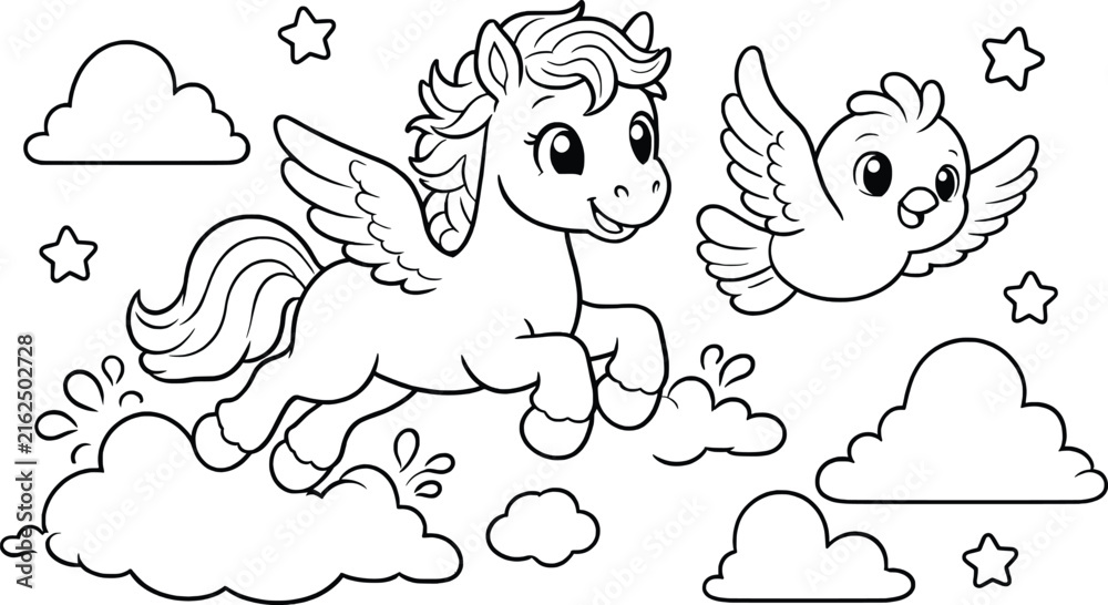 Fototapeta premium Cute cartoon winged pony and bird flying among fluffy clouds illustration