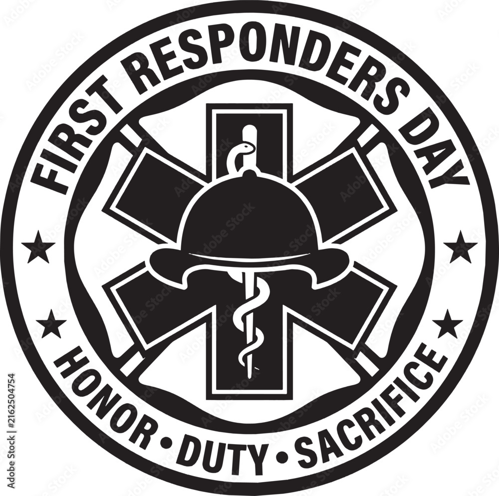 Fototapeta premium First responders day round emblem with medical star symbol and helmet design for honor duty and sacrifice Vector