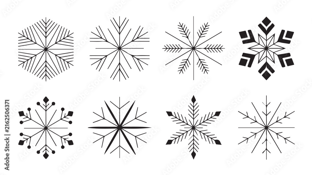 Obraz premium Minimalist black snowflake vector illustration set featuring eight unique geometric patterns for seasonal winter holiday decorative design branding projects