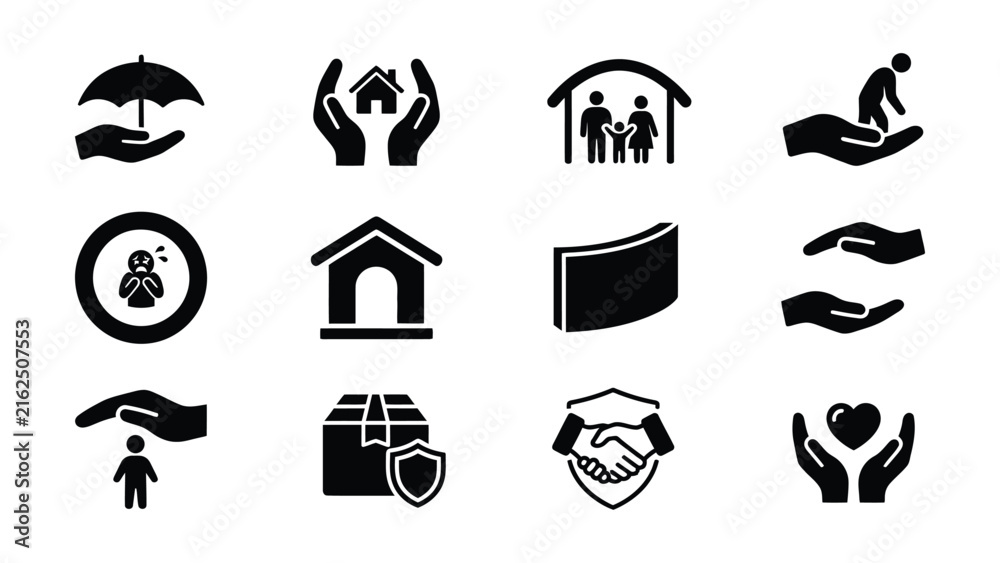 Obraz premium Black and white flat icons for services and protection
