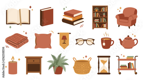 Cozy home library elements and reading hobby flat icon collection.