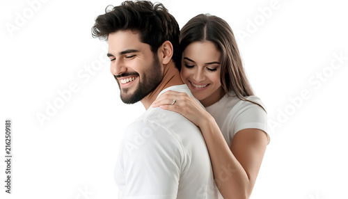 A happy couple, a man and a woman, in white T-shirts, hugging and smiling against a clean background.