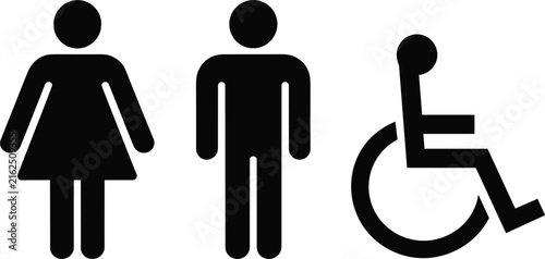Three black silhouette of people with disabilities, walking aids, and a wheelchair cane