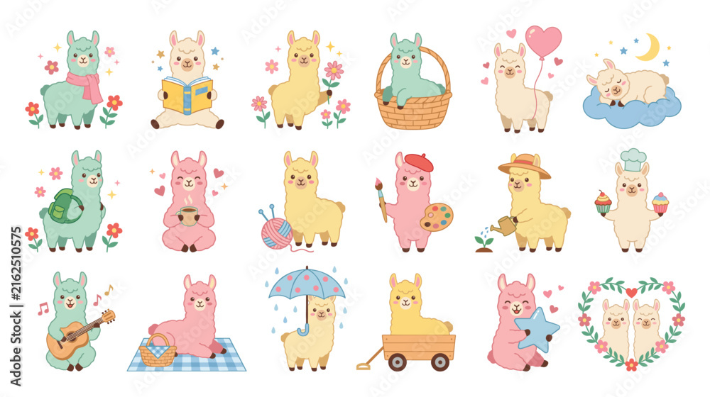 Naklejka premium Adorable llama characters engaged in diverse cute hobby activities.