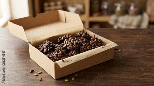 Chocolate Pumpkin Seed Clusters in Open Cardboard Box on Wooden Table