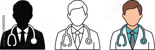 Three healthcare professionals in blue scrubs with stethoscopes, flat doctor nurse medical staff des
