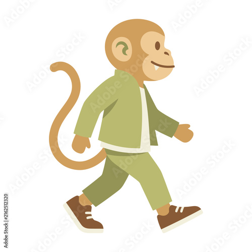 Monkey in green jacket and shoes walking alone on white background smiling