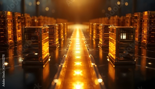 Rows of glowing golden server racks on a dark reflective surface with displays rows illuminated dark floor virtualization cybersecurity intelligence