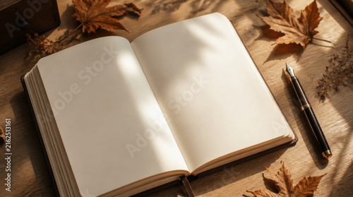 Open blank journal beside fountain pen, autumn leaf, and warm sunlight creating quiet writing scene with gentle shadows