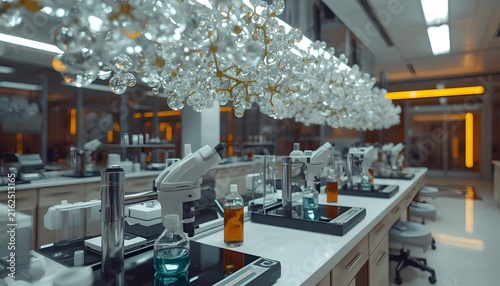 Modern scientific research laboratory interior equipped with advanced analytical microscopes and glass molecular decorative lighting fixtures