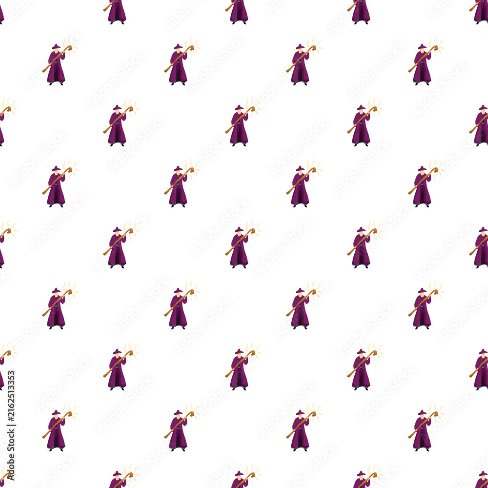 Fototapeta premium Fantasy wizards in purple robes casting magic with staffs in a repeating pattern