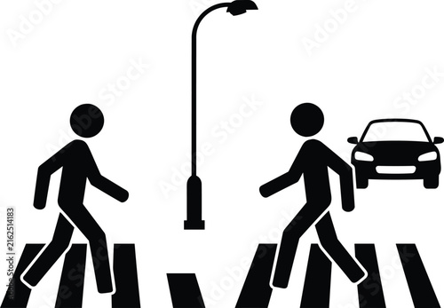 Two people walking on a sidewalk with a streetlamp and car