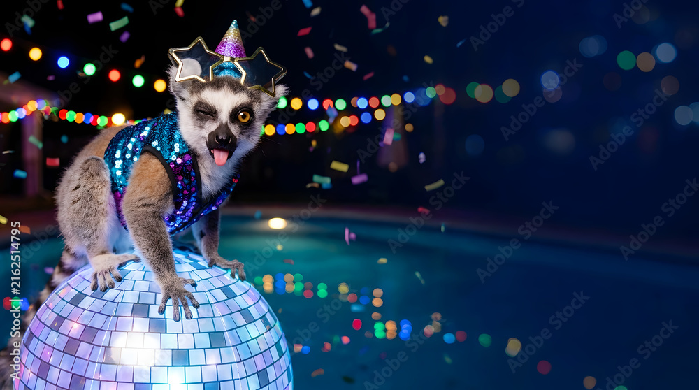 Naklejka premium Cute Lemur Celebrating Party with Disco Ball and Confetti