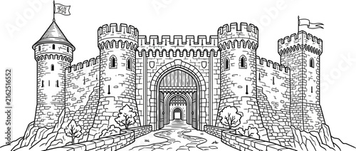 Foto Medieval Castle Gatehouse Isolated Line Art