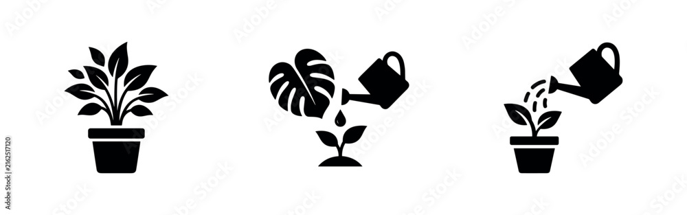 Fototapeta premium Icons depicting plant care, including potted plants and watering a seedling.