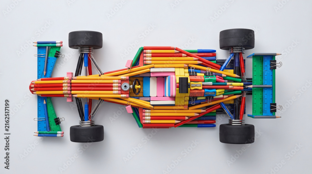 Fototapeta premium Formula 1 racing sports car made of colorful plastic constructor bricks on a white background.