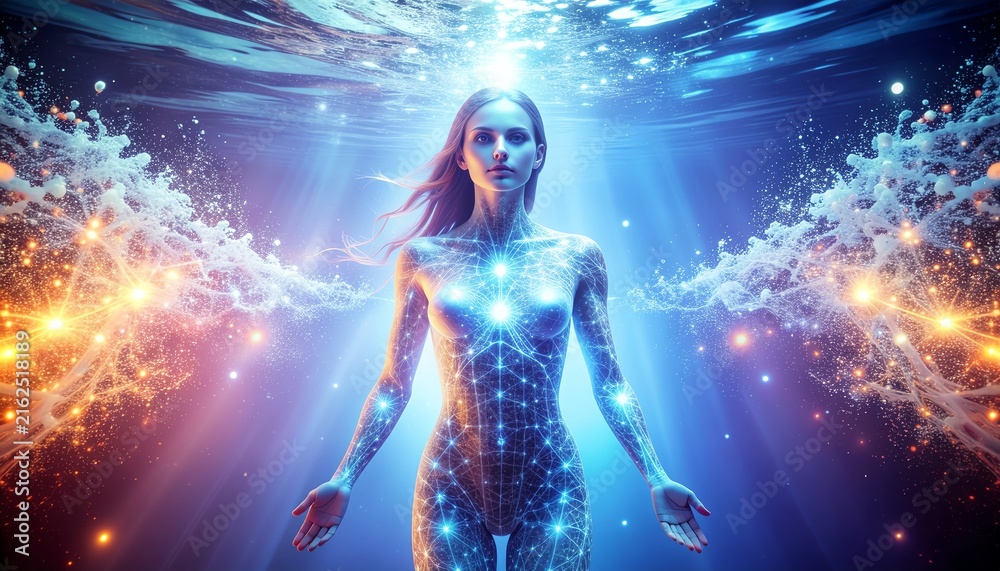 Fototapeta premium Majestic glowing woman floating underwater with outstretched hands surrounded by divine light rays and golden sparks