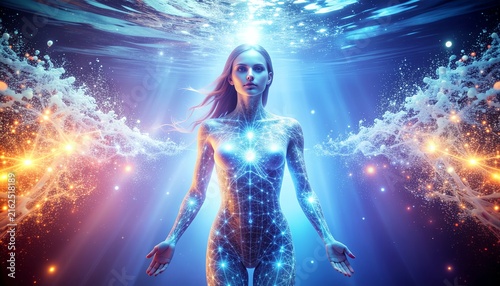Majestic glowing woman floating underwater with outstretched hands surrounded by divine light rays and golden sparks