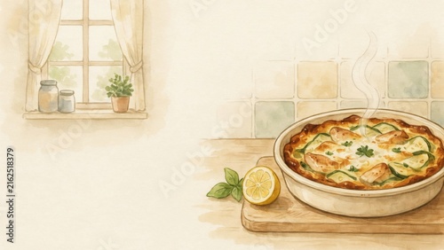 A national dish of Italian cuisine. 
Sformato di pollo e zucchine — tender chicken fillet baked with fresh zucchini under a cheese crust made of mozzarella and Parmesan. Photo with space for text. 