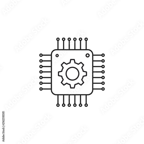 Processor chip with gear icon representing technology and innovation.