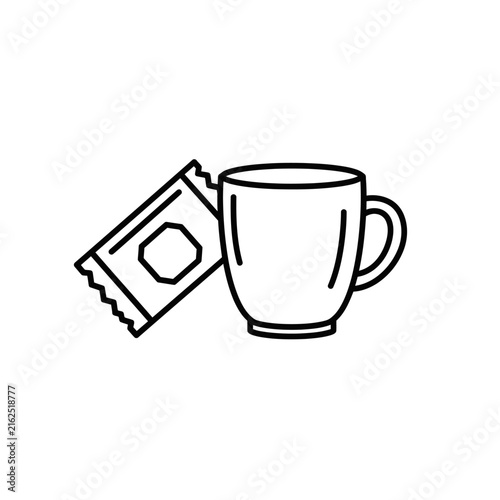 Simple line art illustration of a coffee cup and a sugar packet perfect for cafe menus or kitchen decor.