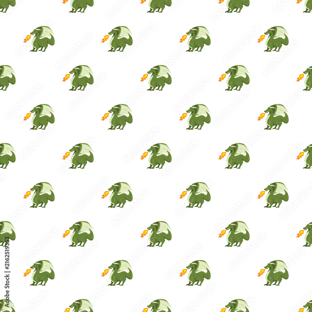 Fototapeta premium Green cartoon dragon characters breathing fire creating a repeating seamless pattern