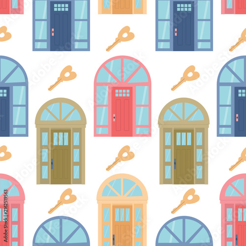 Seamless pattern with colored doors and keys. Colored flat vector illustration for textile, wallpaper, wrapping paper.