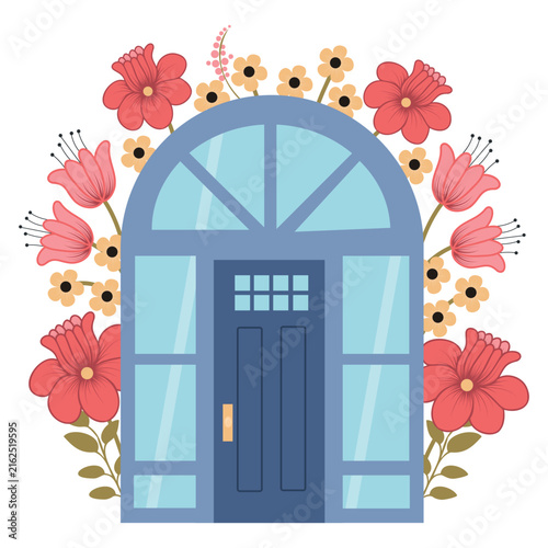 Entrance door to house with flowers vector illustration. Front view. Illustration in flat style 