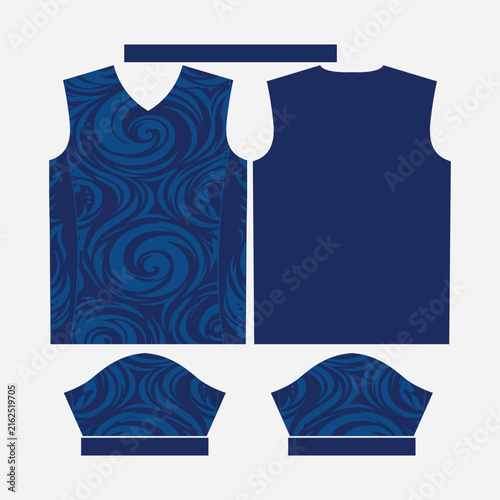 Abstract Deep Royal Blue Sports Jersey Template with Swirl Wave Pattern Accent and Solid Navy Back Panel for Sublimation Apparel Printing Vector Illustration