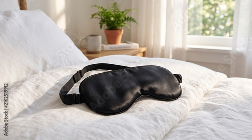 Smooth black silk eye mask rests on white duvet on cozy bed near window. Padded silk eye mask ensures night comfort and deep rest. Elegant silk eye mask concept for healthy lifestyle blog post.
