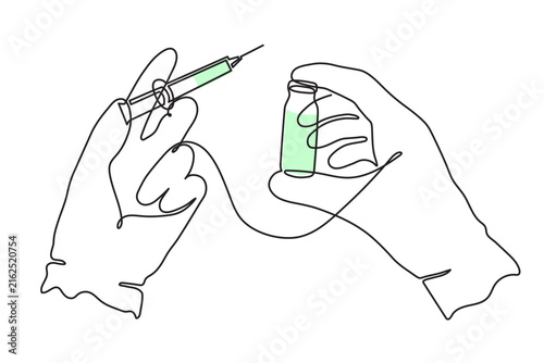 Doctor hands holding medical vial and syringe one line art, vaccine injection beauty filler preparation continuous line drawing, healthcare cosmetology concept. Editable stroke. Isolated vector