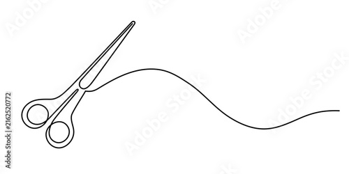 Scissors cutting thread hair textile one line art, barbershop metallic sharp tool or tailor sewing accessory continuous drawing contour, craft cutting hairdressing outline. Editable stroke. Isolated