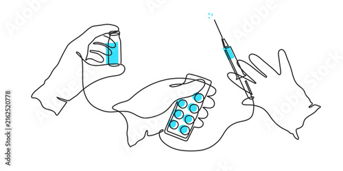 Doctor hands holding medical vial syringe and pill blister one line art, vaccination healthcare treatment continuous line drawing, medicine pharmacy concept. Editable stroke. Isolated vector