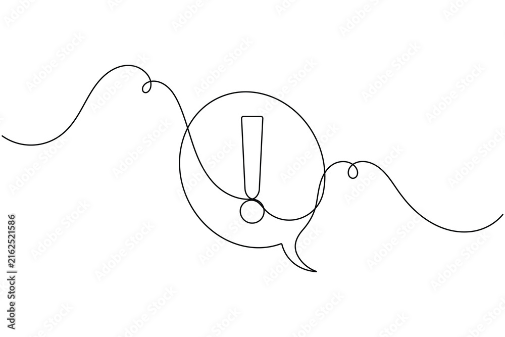 Obraz premium Caution danger exclamation mark in speech bubble frame sign continuous one line drawing on white background minimalist single art alert and warning chat symbol editable outline vector illustration