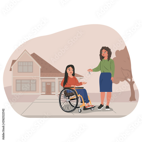 Professional real estate agent giving a key from new house to woman on wheelchair