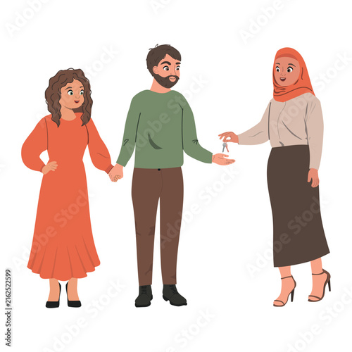 Muslim Real Estate Agent Handing Over Keys to New Homeowner. Happy young family celebrating buying a new house. The concept of selling a house.  Vector illustration.