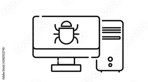 Desktop computer tower and monitor with bug virus symbol on screen icon. Black line art style on white background. 