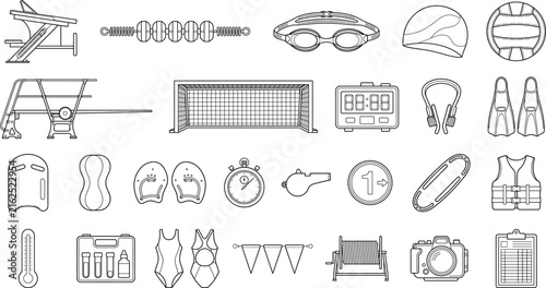 Comprehensive set of 28 minimalist swimming icons and pool equipment line art for competitive water sports design