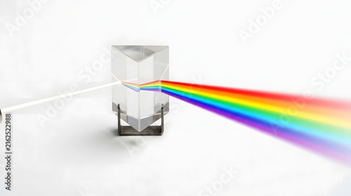 White light beam passing through glass triangular prism splitting into rainbow spectrum.