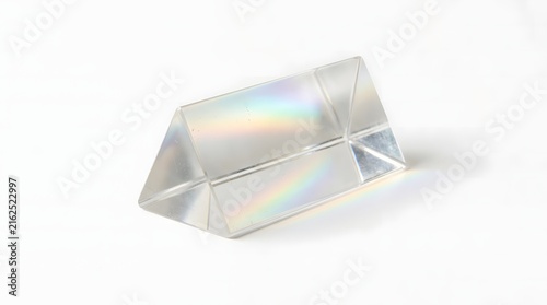 Clear glass triangular prism reflecting spectrum of light on white laboratory background.
