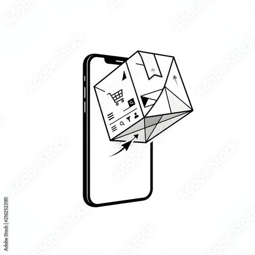 E-commerce smartphone concept with a geometric product box, shopping icons, and a cursor, black and white line art