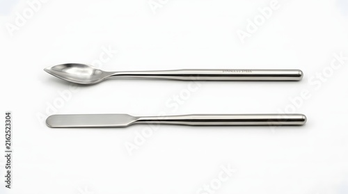 Stainless steel laboratory spoon and spatula for scientific experiments on white.
