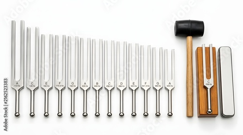 Set of stainless steel musical tuning forks with black rubber mallet for acoustic testing.