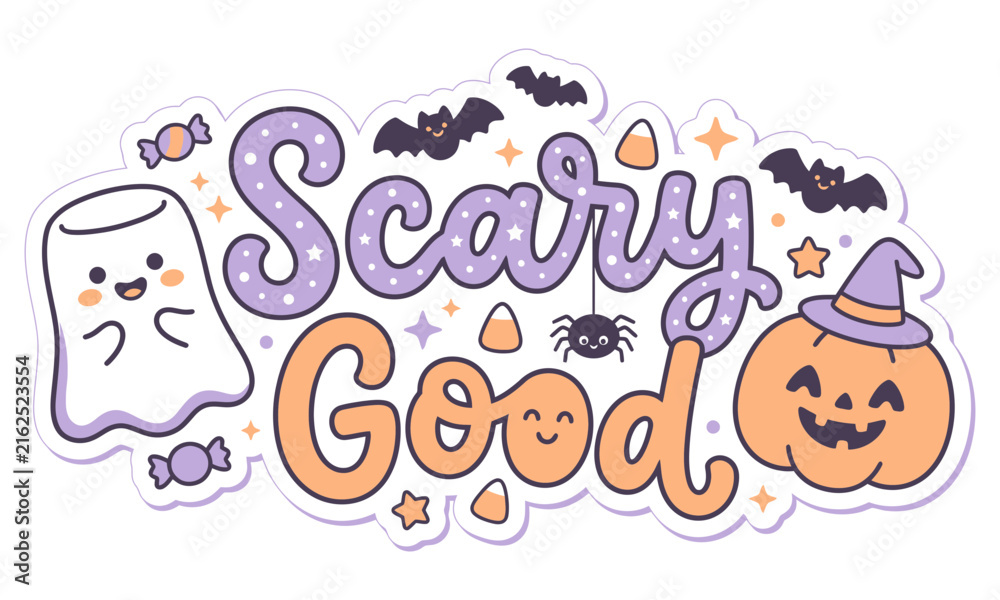 Fototapeta premium Cute Kawaii Halloween Sticker Featuring Ghost Pumpkin Spider Bat And Festive Text